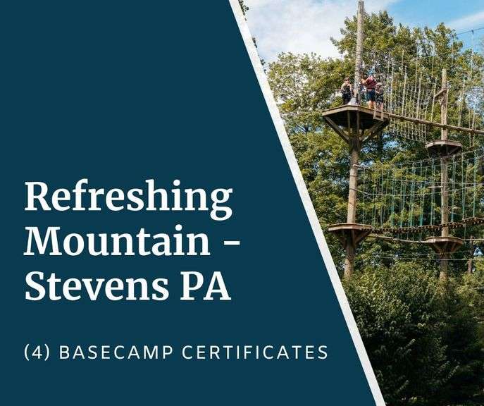 Refreshing Mountain - Stevens PA - (4) Basecamp Certificates, ages 5+ - 33 Elevated Obstacles, Climbing Tower, Pedal Carts, Slingshots, Wildlife Center, Farm Animal Area, Playground, and Hiking Trails! - Valid Mon thru Fri, Two session times: 9am-12:30pm OR 1:30pm-5pm, Free Parking - Expire 3/30/27 - Value $180