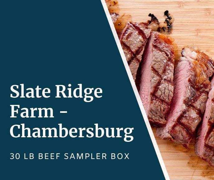 30 Lb Beef Sampler Freezer Box from Slate Ridge Farm - Contains: (6) Delmonico Steaks, (4) NY Strip Steaks, (12) 1/4 lb Hamburger Patties, (1) 2 lb Chipped Steak, (1) 2 lb Stew Cubes, (1) 3 lb Sirloin Steak, (2) 3 1/2 lb Roasts, (7) 1 lb packs Ground Beef