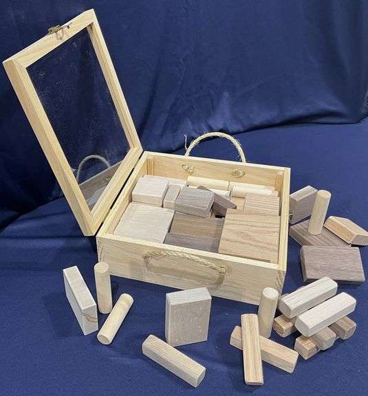 Handcrafted Custom Wooden Building Block Set and Carrying Case - 58-piece block set beautifully crafted from a variety of woods and featuring four distinct shapes - housed in a 10" x 10" case with a clear plexiglass lid - each piece is carefully finished with smooth surfaces and rounded edges
