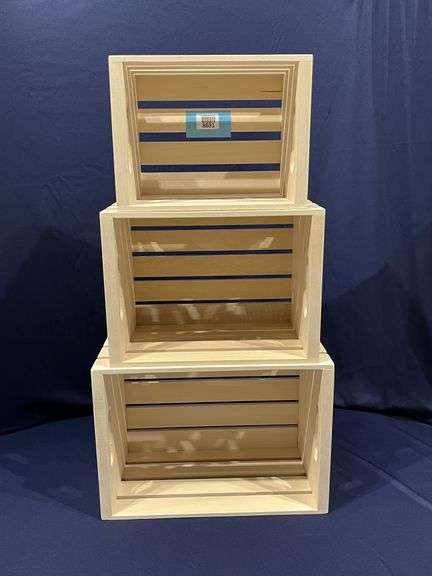 (3) Piece Nesting Pine Crates - Large 15"L x 10.75"W x 8.25"H, Medium 13"L x 9.5"W x 7.5"H, Small 11"L x 8.25"W x 7"H - carefully finished with smooth surfaces and rounded edges