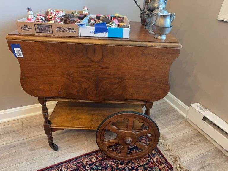 Drop leaf tea cart with book-matched veneer top - no contents 27x18x28