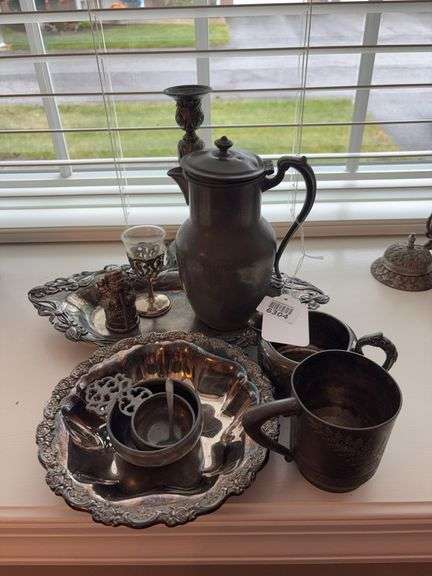 Metalware including: Art Nouveau tray, chocolate pot, candlestick, porringers, Santa salt shaker