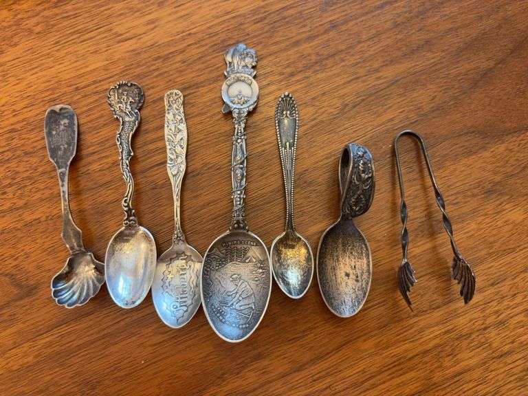 Sterling souvenir and other spoons, spoons, and tongs