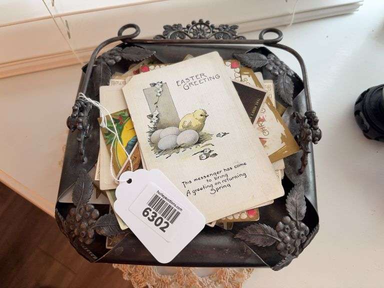 Victorian silverplated calling card tray with postcards