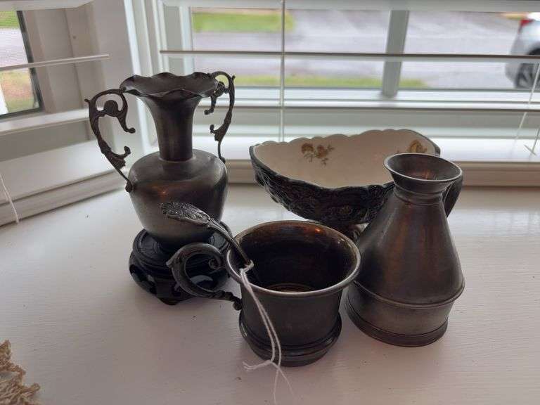 Footed china bowl and metal vase, cup, spoon, and jug