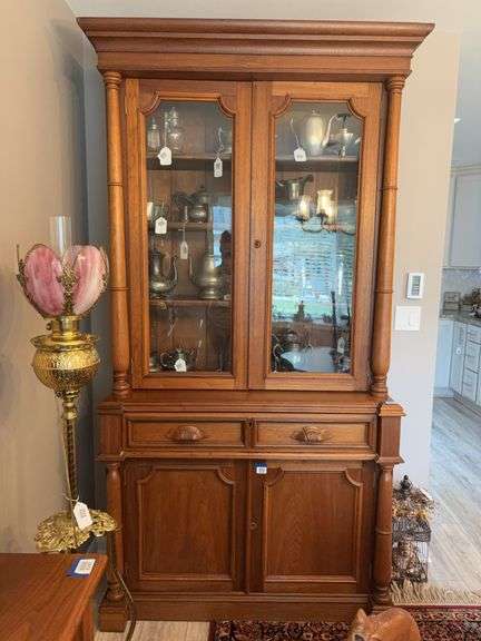 Victorian Renaissance Revival cabinet with molded cornice, glazed top doors, turned columns, leaf carved drawer pulls - no contents 46x18.5x90 - MUST COME DURING LAST 2 HOURS OF PICKUP FOR THIS ITEM