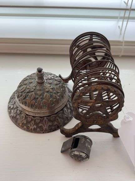 Cast iron tap bell and letter rack, tin whistle