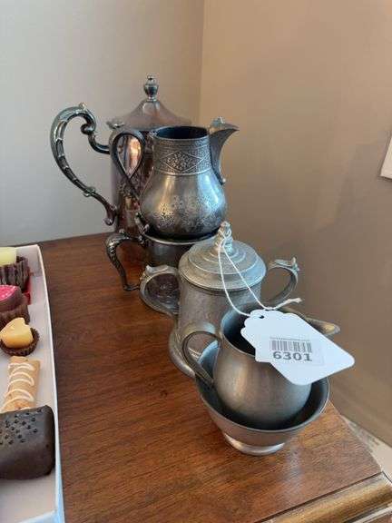 Plated teapots and shaving mug, and pewter sugar bowls and creamer