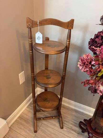 3-tier folding serving stand with stenciled fruit decor 36in tall