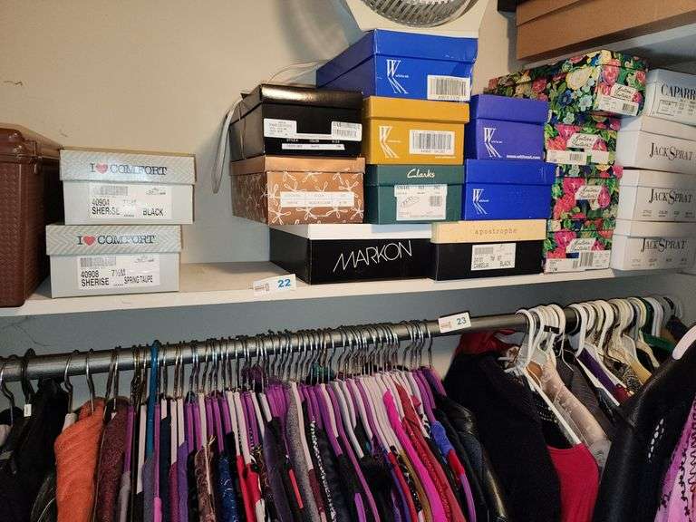 Shelf clean off of shoes, sewing basket and a fan
