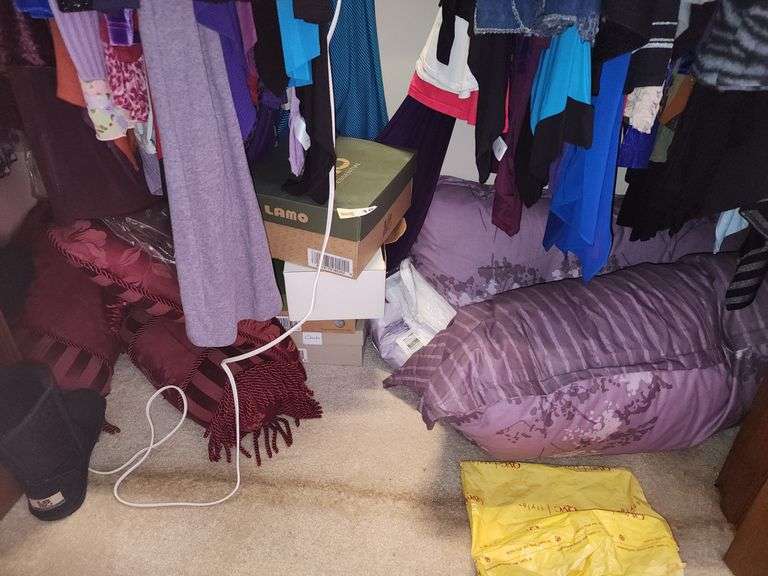 Floor clean out of closet pillows and shoes