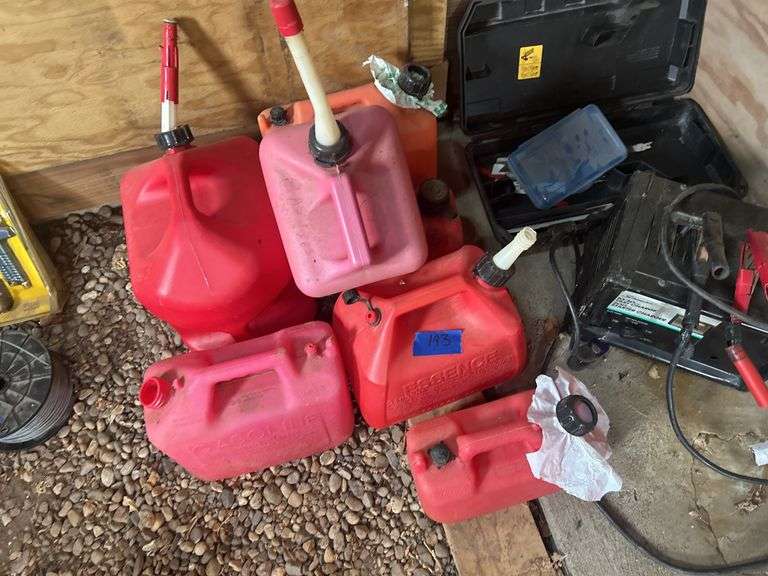Battery Charger, Dewalt Tool Case, & Gas Cans