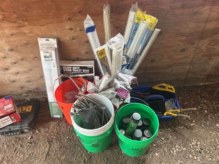 Tools, Dremel Machine, Pail of Door Bottoms, Pail of Plumbing, New Toilet Seat, & More