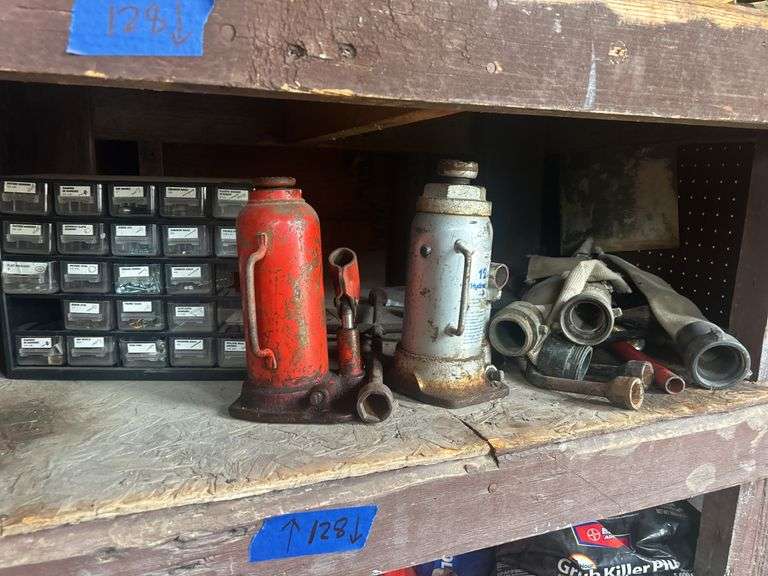 Contents of Shelf & Items on the Ground - Hardware Organizers, Jack Stands, Bottle Jacks, Grub Kille