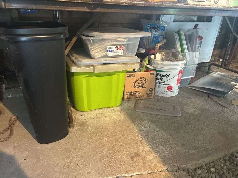 Items on the Floor - Trash Can, Bathroom Type Supplies, Shop Rags, Ajax Cleaner, & Plumbing Fittings