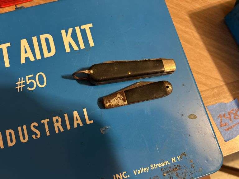 Trenching Tool, Metal Boxes, First Aid Kits, Gas Mask Parts, Pottery Water Bottle, & Pocket Knives