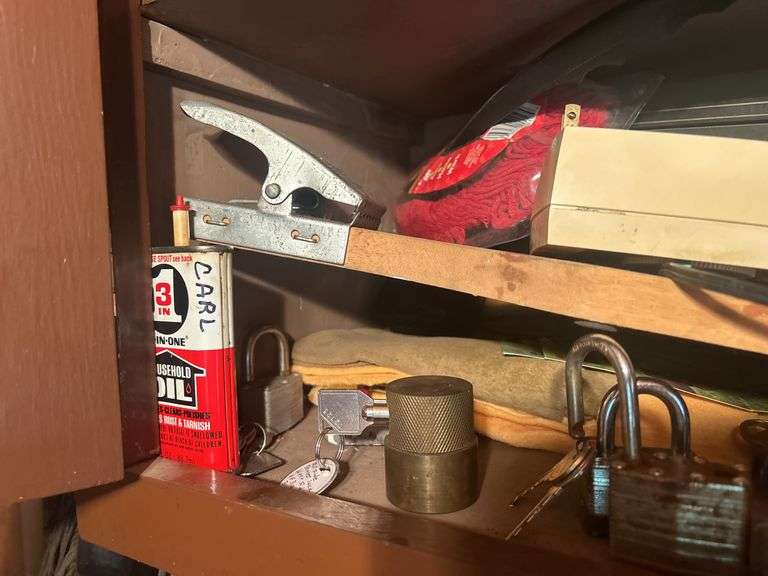 Contents of Cupboard - Padlocks, Radio, Extension Cords, & More