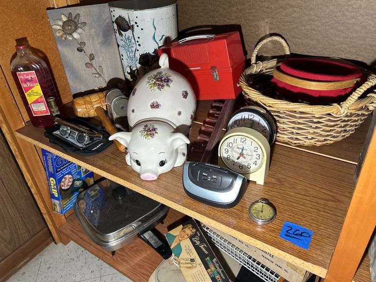 Pocket Watch, Ceramic Pig Figure, Alarm Clocks, Pencil Sharpener, Garbage Can, & More