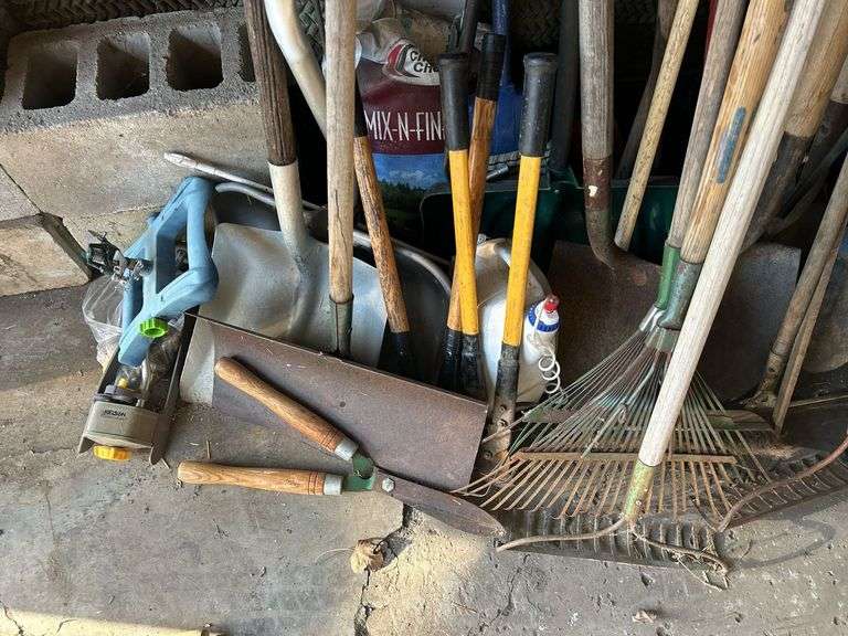 Group of Hand Tools - Shovels, Spades, Clippers, Sprinkler, Rakes, & More