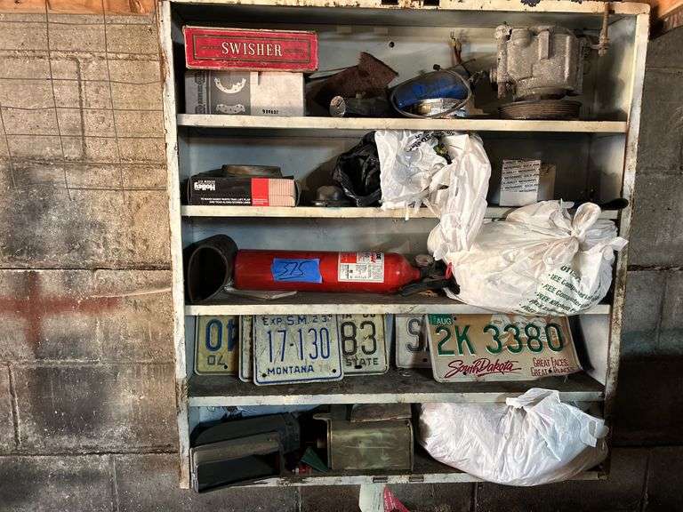 Shelf Of Items - License Plates, Tape Measure, Good Fire Extinguisher, Alternator, & More