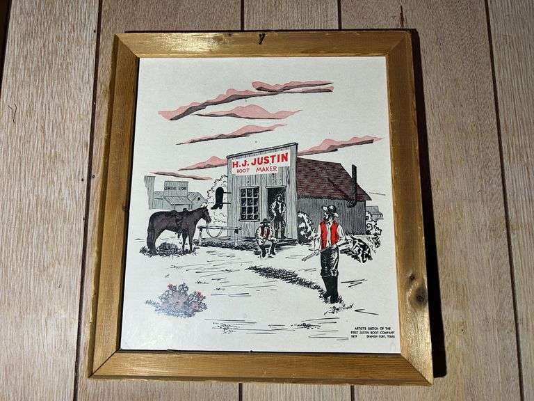 Keystone Light Framed Sign, Justin Boots Sign, Belt Buckle, Coors Banquet Beer Sign, Scythe, & More
