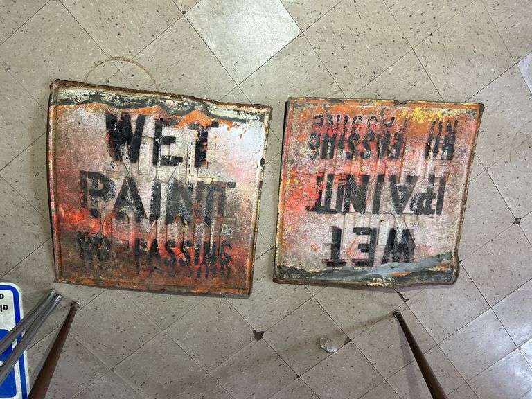Pair Of Old Embossed Steel School Zone Signs