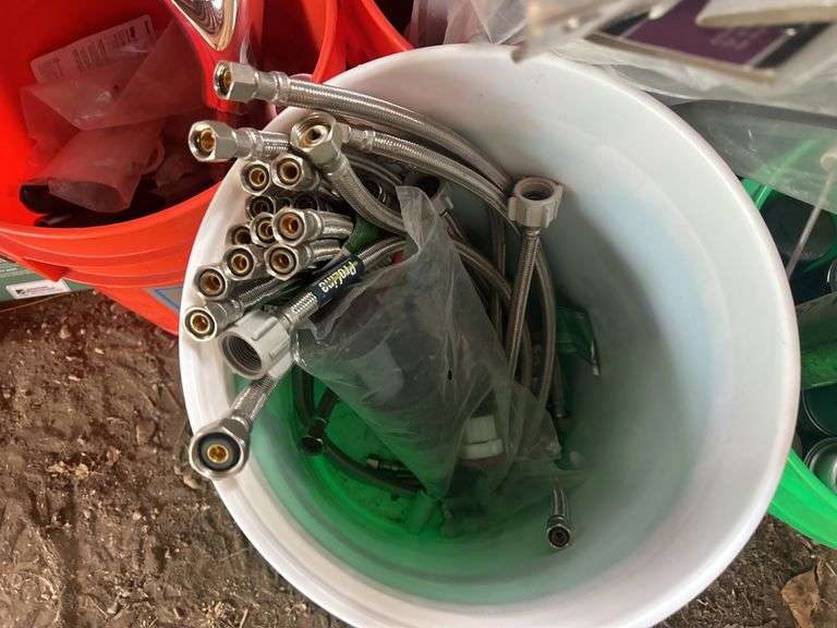 Tools, Dremel Machine, Pail of Door Bottoms, Pail of Plumbing, New Toilet Seat, & More