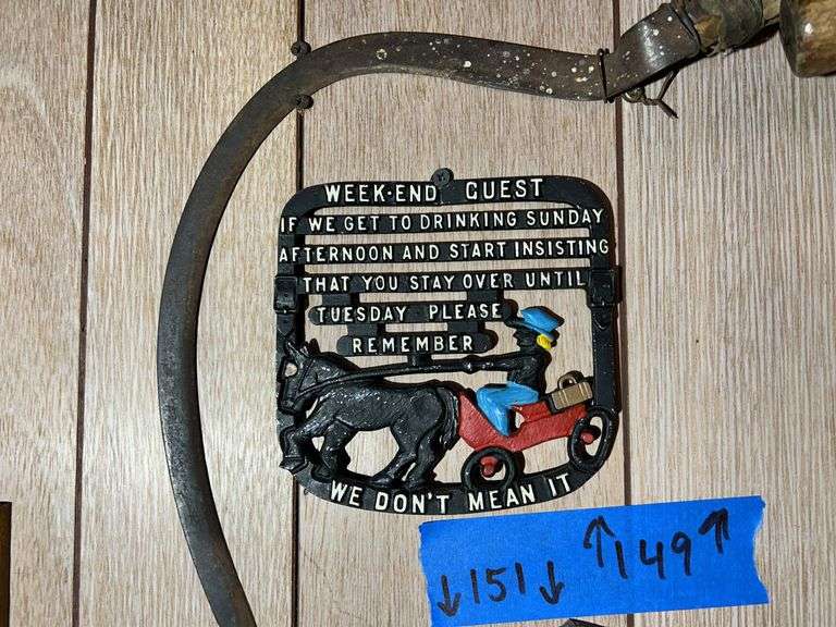 Keystone Light Framed Sign, Justin Boots Sign, Belt Buckle, Coors Banquet Beer Sign, Scythe, & More