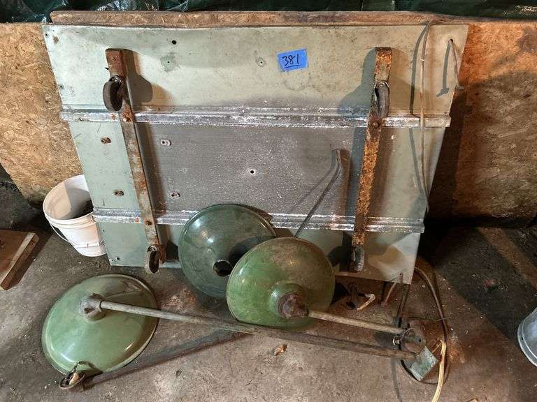 Green Enamel Light Shades, Few Tire Chains, Bucket, & Cart