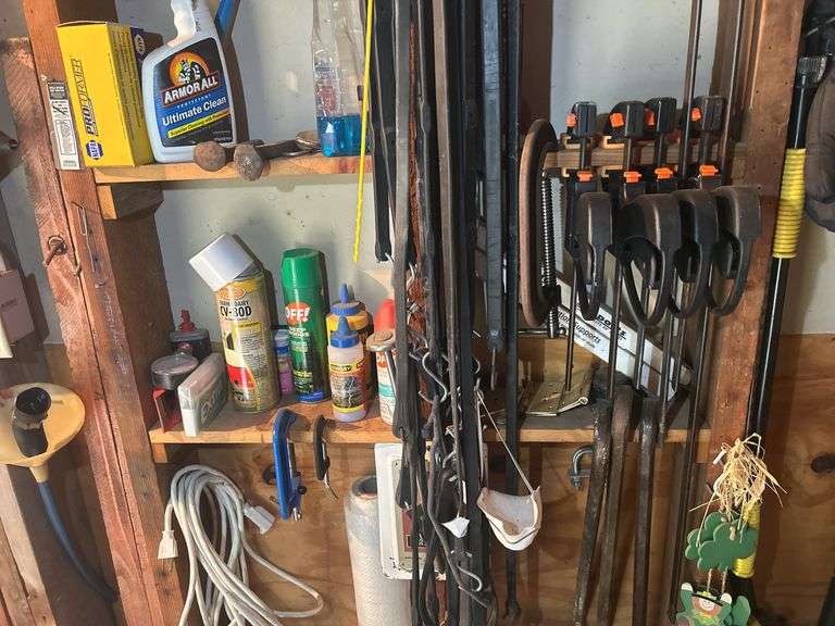 Items on the Wall & in the Cupboard - Extension Cords, Clamps, Bungee Cords, Yard Sprayers, Screws, 
