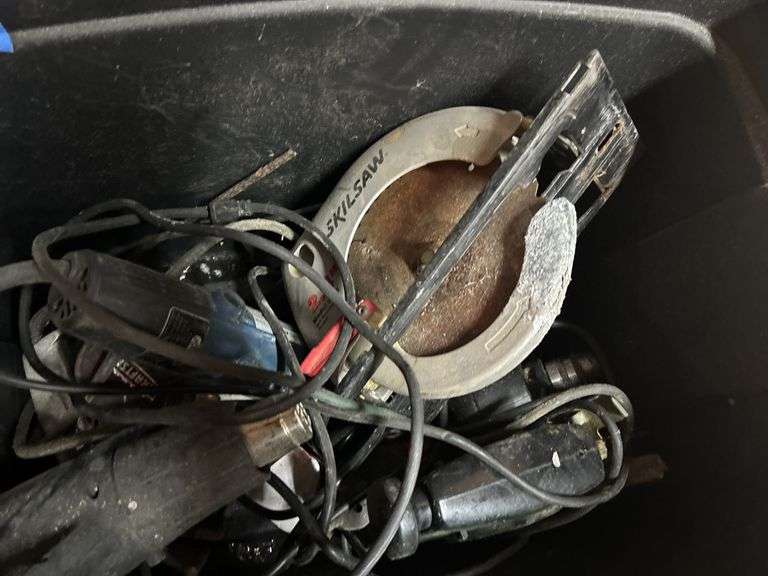 Tote of Corded Power Tools - Circular Saw, Jigs, Heat Gun, Drill, & More