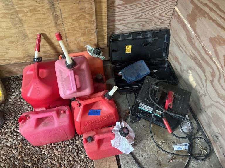 Battery Charger, Dewalt Tool Case, & Gas Cans