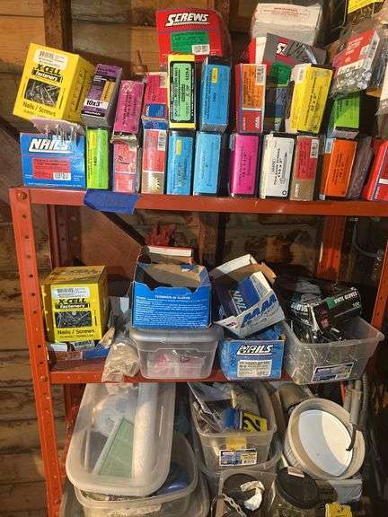 Red Metal Shelving Unit With Contents - Screws, Nails, Hardware, & More