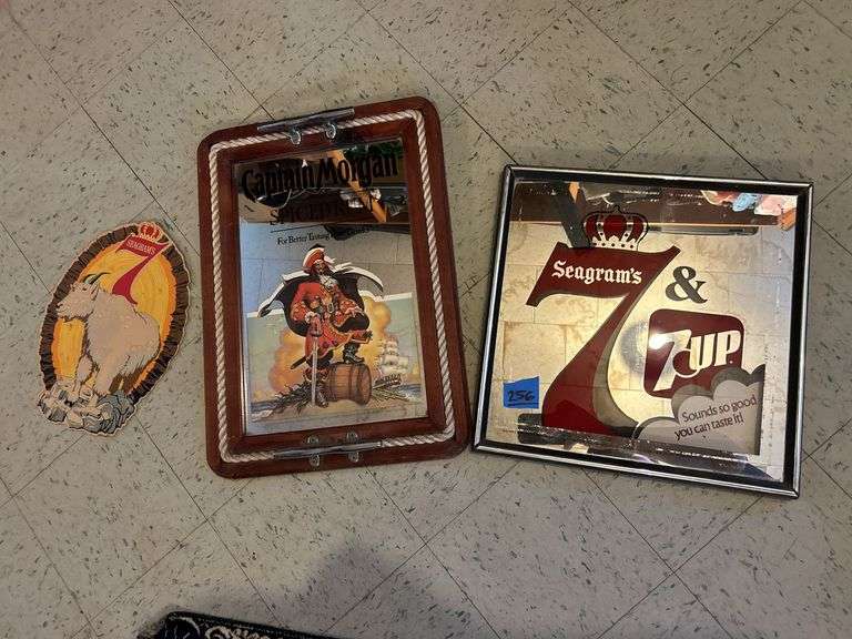Captain Morgan Mirror, Seagram's 7 Cardboard Sign, Seagram's 7 & 7-Up Mirror