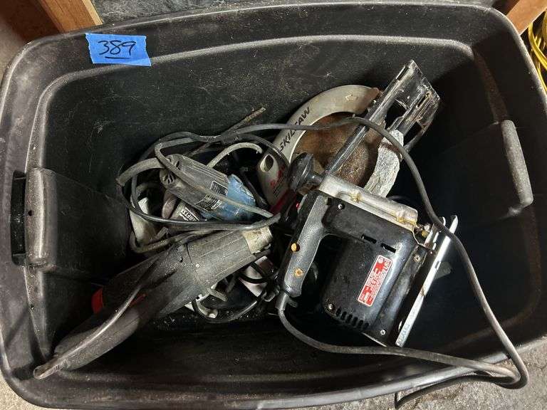Tote of Corded Power Tools - Circular Saw, Jigs, Heat Gun, Drill, & More