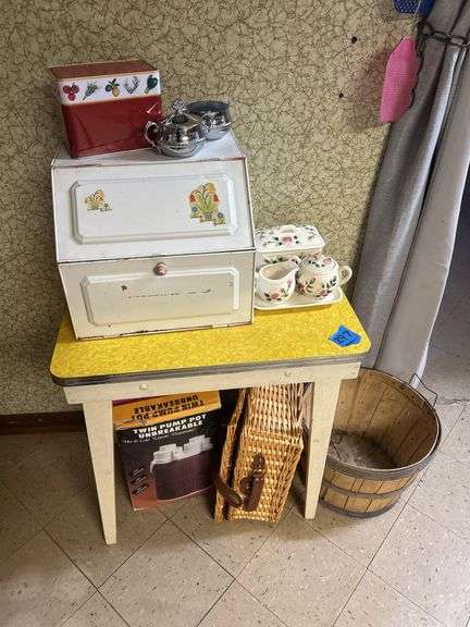 Small Yellow Table, Bread Box, Basket, Liquid Dispenser, & More