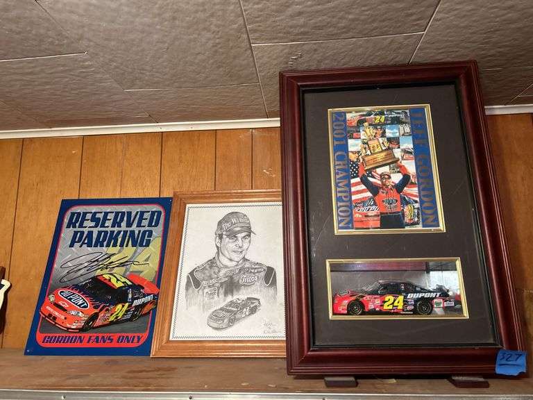 1:24 Scale Framed Jeff Gordon Car, Framed Sketch Of Jeff Gordon, & a Metal Sign