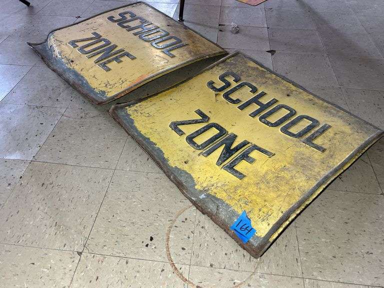 Pair Of Old Embossed Steel School Zone Signs