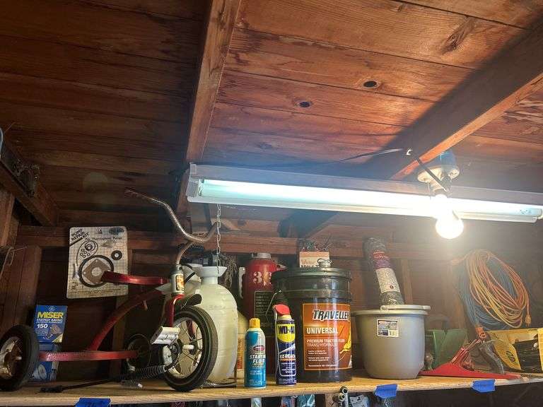 Contents of Shelf - Roadmaster Tricycle, Yard Sprayers, WD-40, Wood Plane, Poultry Netting, & More