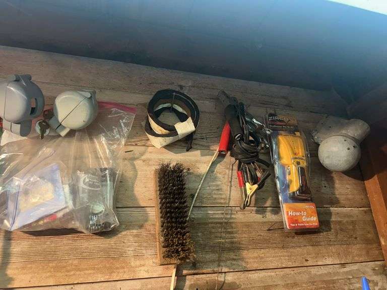 Items Hanging on the Wall - Tools, Battery Cables, Corded Drill, Barrel Pump, Saw Blades, & More