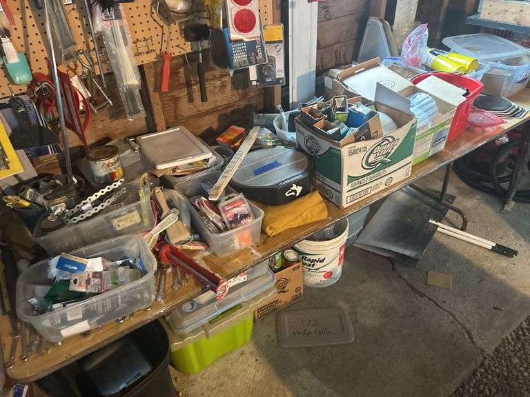 Contents of Tabletop - Tools, Wrenches, Painting Supplies, Fixtures, Copper Fittings, & Map Pro Gas