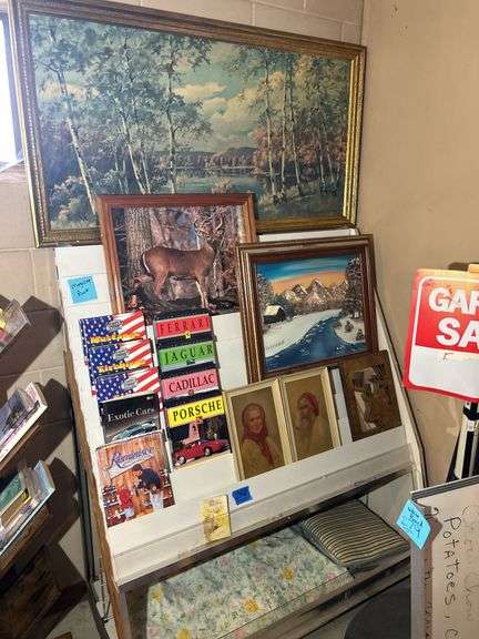 Magazine Rack with Books, Painting by D Smith & some Prints