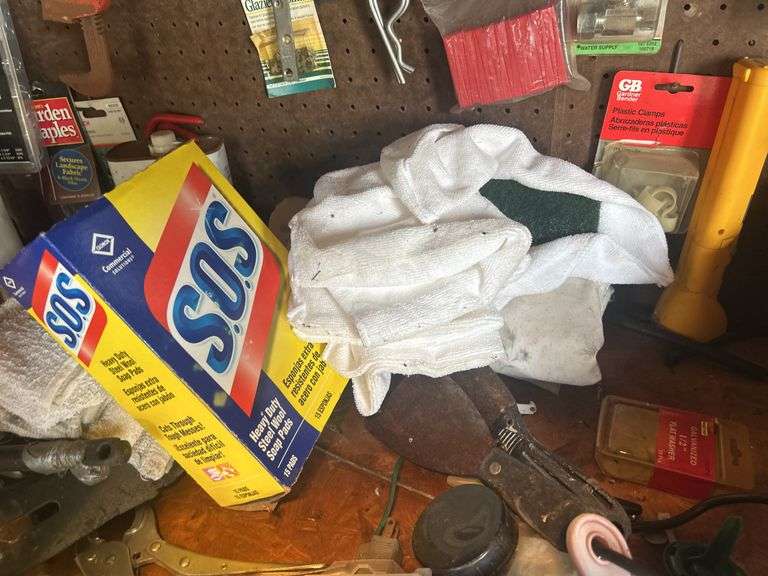 Contents of Countertop & Pegboard - Tools, Hardware, Shop Rags, & More
