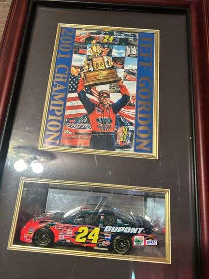 1:24 Scale Framed Jeff Gordon Car, Framed Sketch Of Jeff Gordon, & a Metal Sign