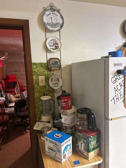 Coffee Makers, Percolator, Blenders, & Rack On The Wall with Plates