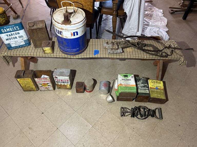 Collection of Oil Cans & Related Plus a "B" Branding Iron & a Bench