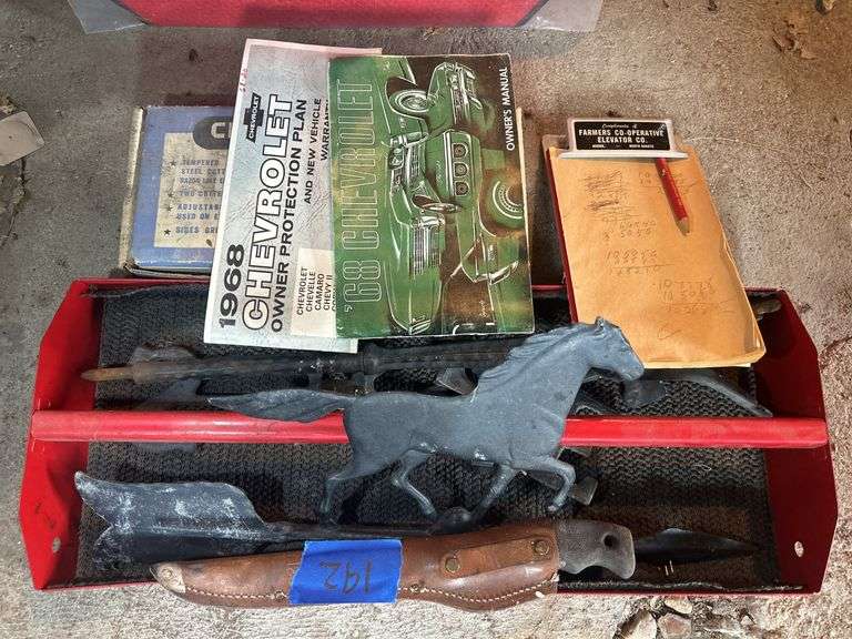 Craftsman Rabbet Plane, 1968 Chevy Owners Manual, Clipboard from Norma ND, Buck Knife, & Weathervane