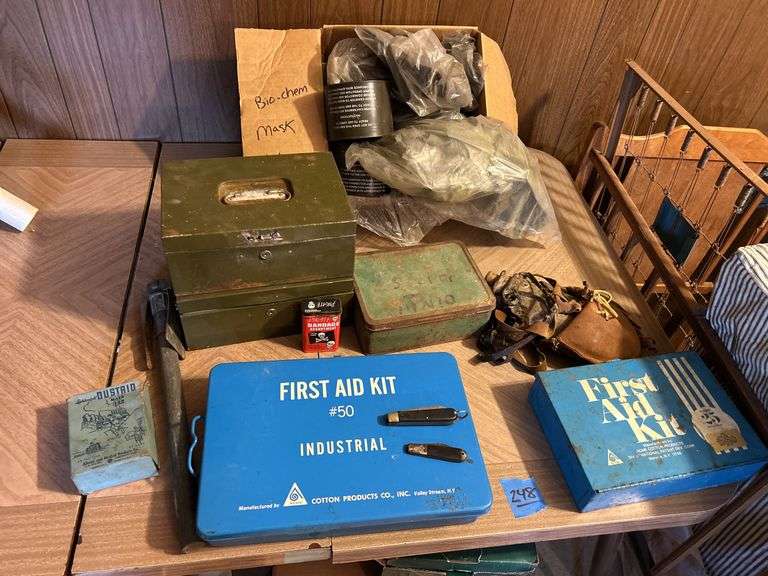 Trenching Tool, Metal Boxes, First Aid Kits, Gas Mask Parts, Pottery Water Bottle, & Pocket Knives