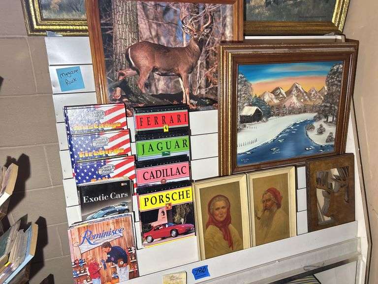 Magazine Rack with Books, Painting by D Smith & some Prints