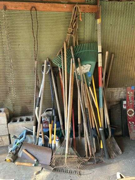 Group of Hand Tools - Shovels, Spades, Clippers, Sprinkler, Rakes, & More
